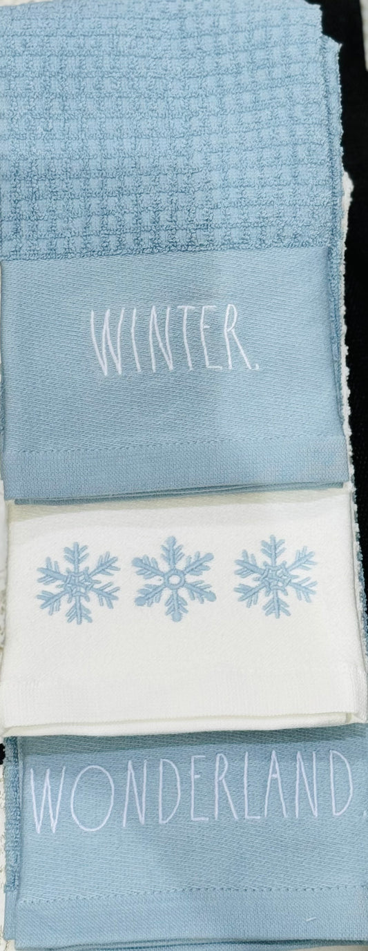 New Rae Dunn blue snowflake 3-piece kitchen dish towel set WINTER WONDERLAND