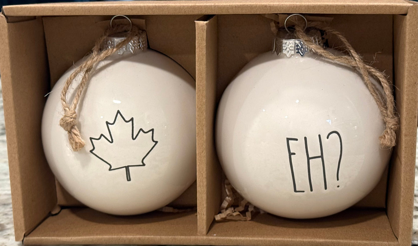 New Rae Dunn 2-piece ceramic Canada 🇨🇦 Christmas ornament set EH?