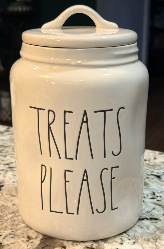 New Rae Dunn white ceramic 9” TREATS PLEASE flat lid canister