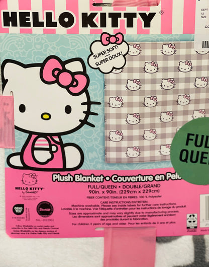 New Hello Kitty FULL/QUEEN 90x90 Gray plaid blanket bedding pink ribbon