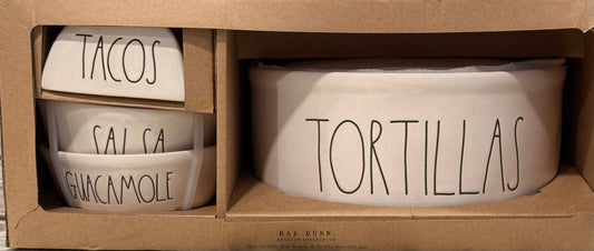 New Rae Dunn white ceramic boxed gift set Taco Night TORTILLAS SALSA GUACAMOLE TACO holder