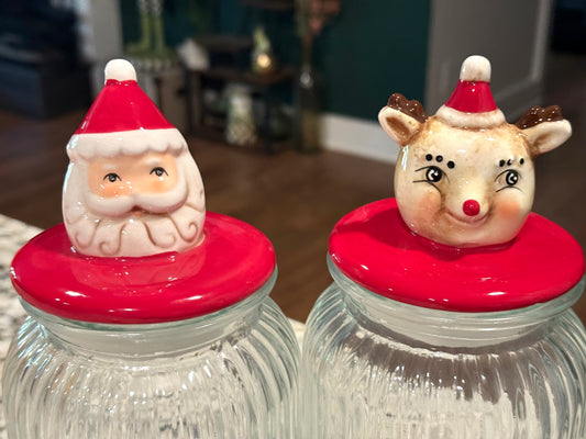 New Joanna Parker glass santa/reindeer Christmas topped storage jar set