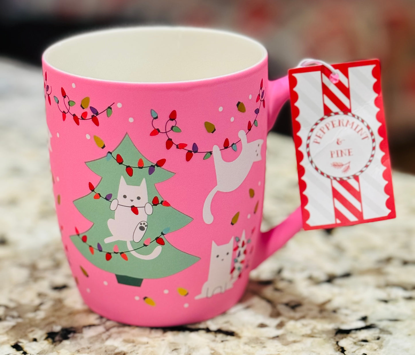 New Peppermint Pine Hand Painted soft feel ceramic Christmas mug pink cat