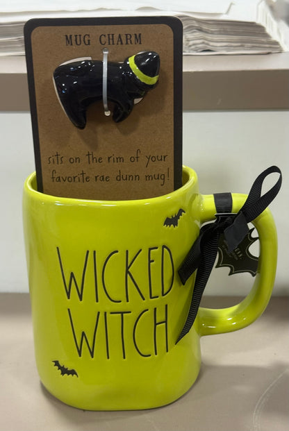 New Rae Dunn green ceramic cat mug charm and WICKED WITCH Halloween coffee mug