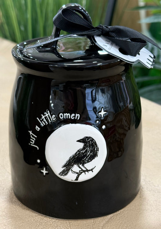 New Rae Dunn black iridescent ceramic 6” Halloween storage canister JUST A LITTLE OMEN