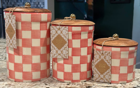 New Made in India ceramic 3-piece kitchen decor canister storage set. Pink check, hand painted design 9” 8.25” 5” sizes