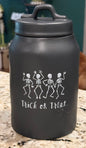New Rae Dunn matte black ceramic 8” Halloween dancing skeleton canister TRICK OR TREAT