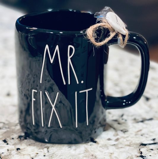 New Rae Dunn black iridescent ceramic coffee mug MR. Fix it