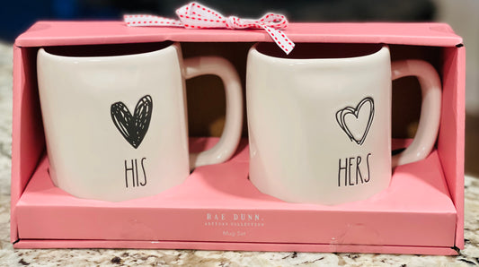 New Rae Dunn white ceramic Valentines coffee mug box set HIS & HERS