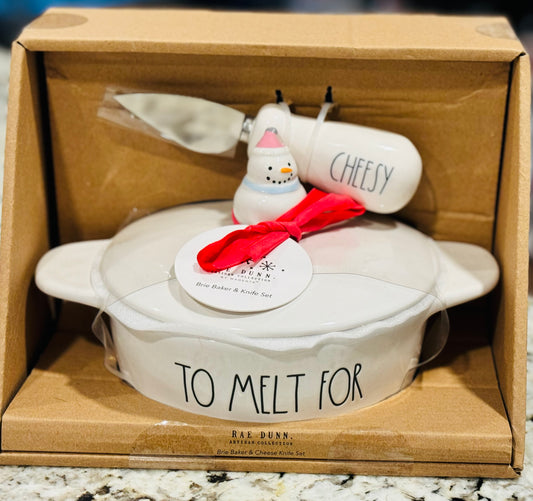 New Rae Dunn white ceramic CHEESEY knife & snowman dish set TO MELT FOR