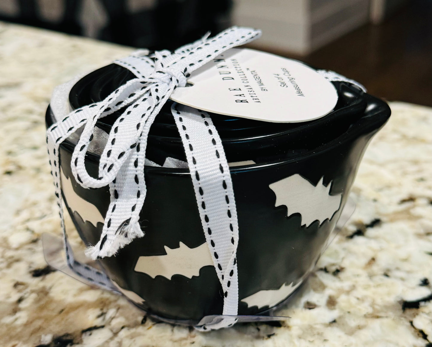 New Rae Dunn black ceramic measuring cup set white bat print