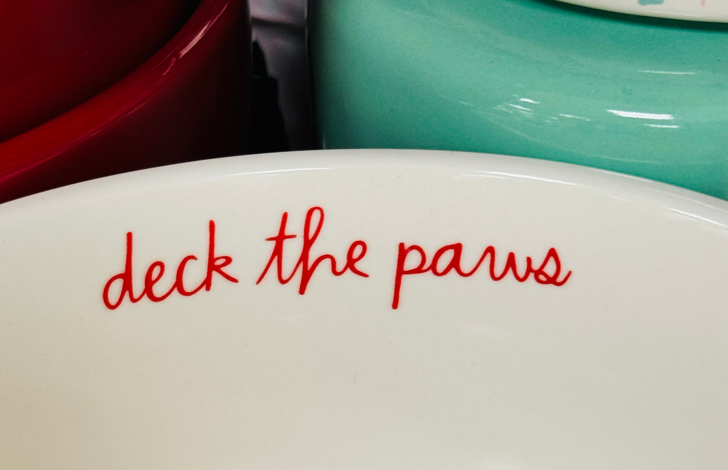 New Rae Dunn red & white striped ceramic 6” pet bowl DECK THE PAWS