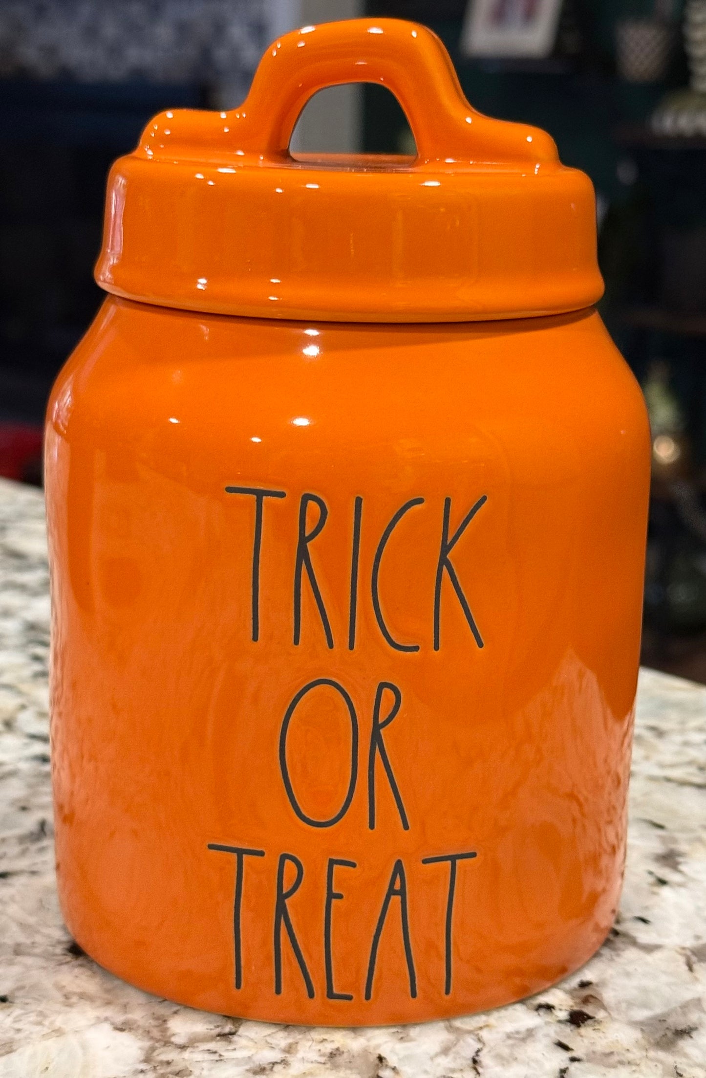 New Rae Dunn orange ceramic Halloween decor canister 6” TRICK OR TREAT