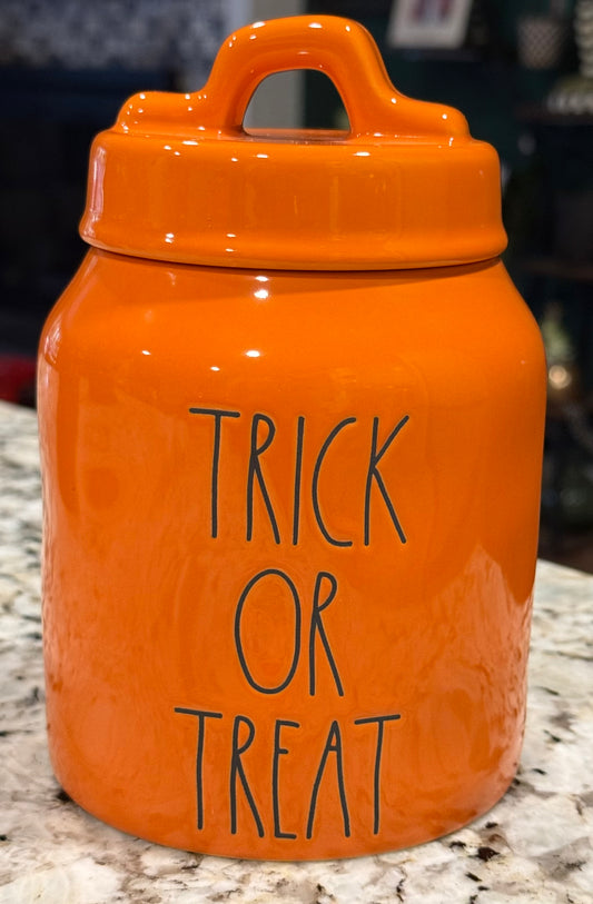 New Rae Dunn orange ceramic Halloween decor canister 6” TRICK OR TREAT