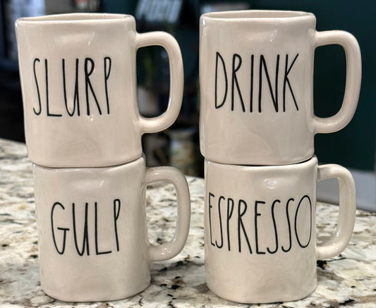 Rae Dunn 4-piece rdpresso mini mug set SLURP GULP DRINK ESPRESSO