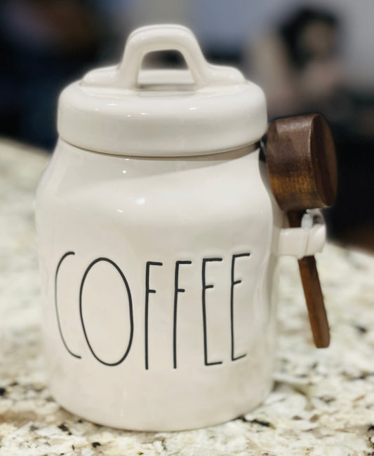 New Rae Dunn white ceramic 7” COFFEE canister with wood scoop