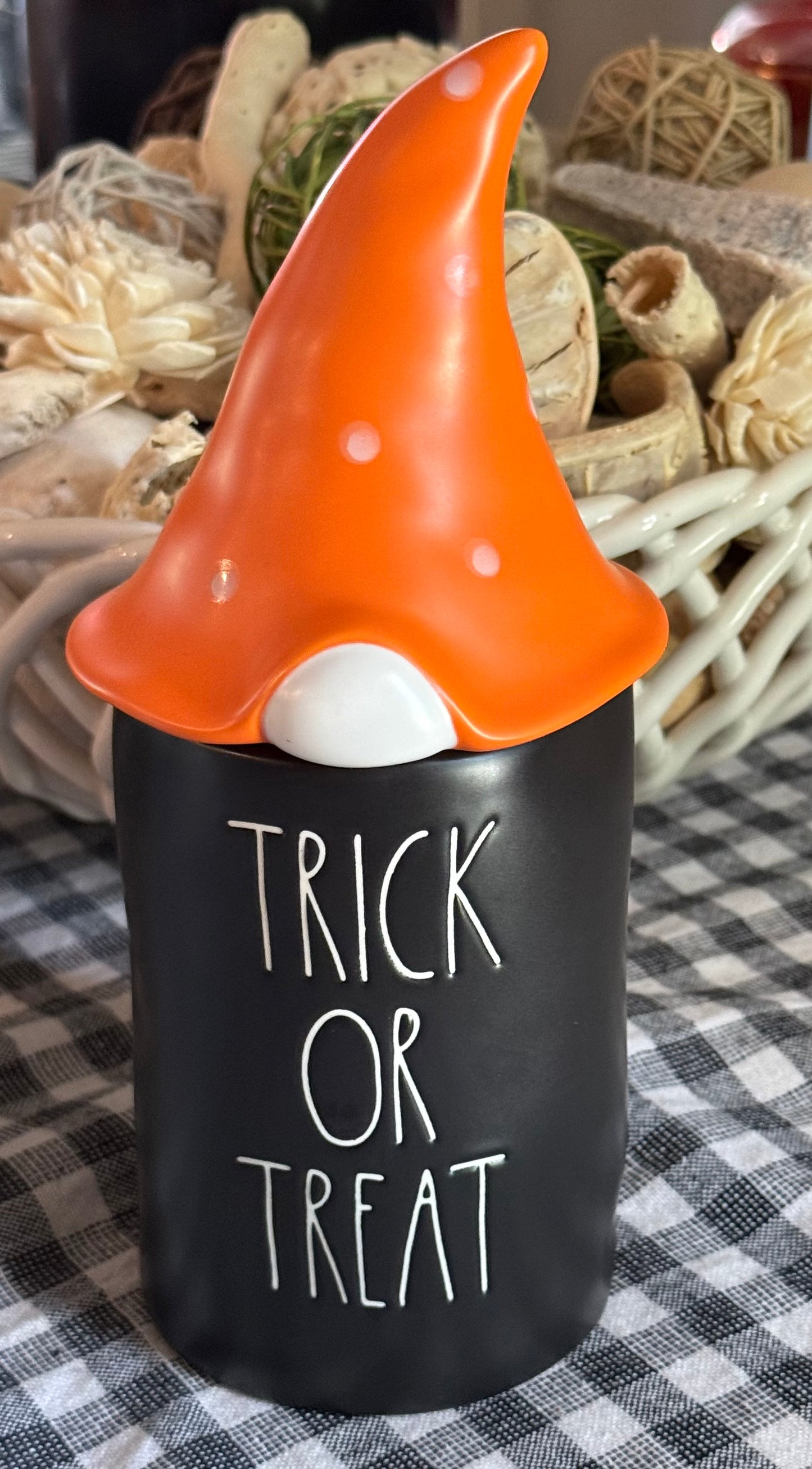 New Rae Dunn black ceramic candle gnome topped Halloween decor -TRICK OR TREAT Carmel Apple