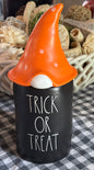 New Rae Dunn black ceramic candle gnome topped Halloween decor -TRICK OR TREAT Carmel Apple