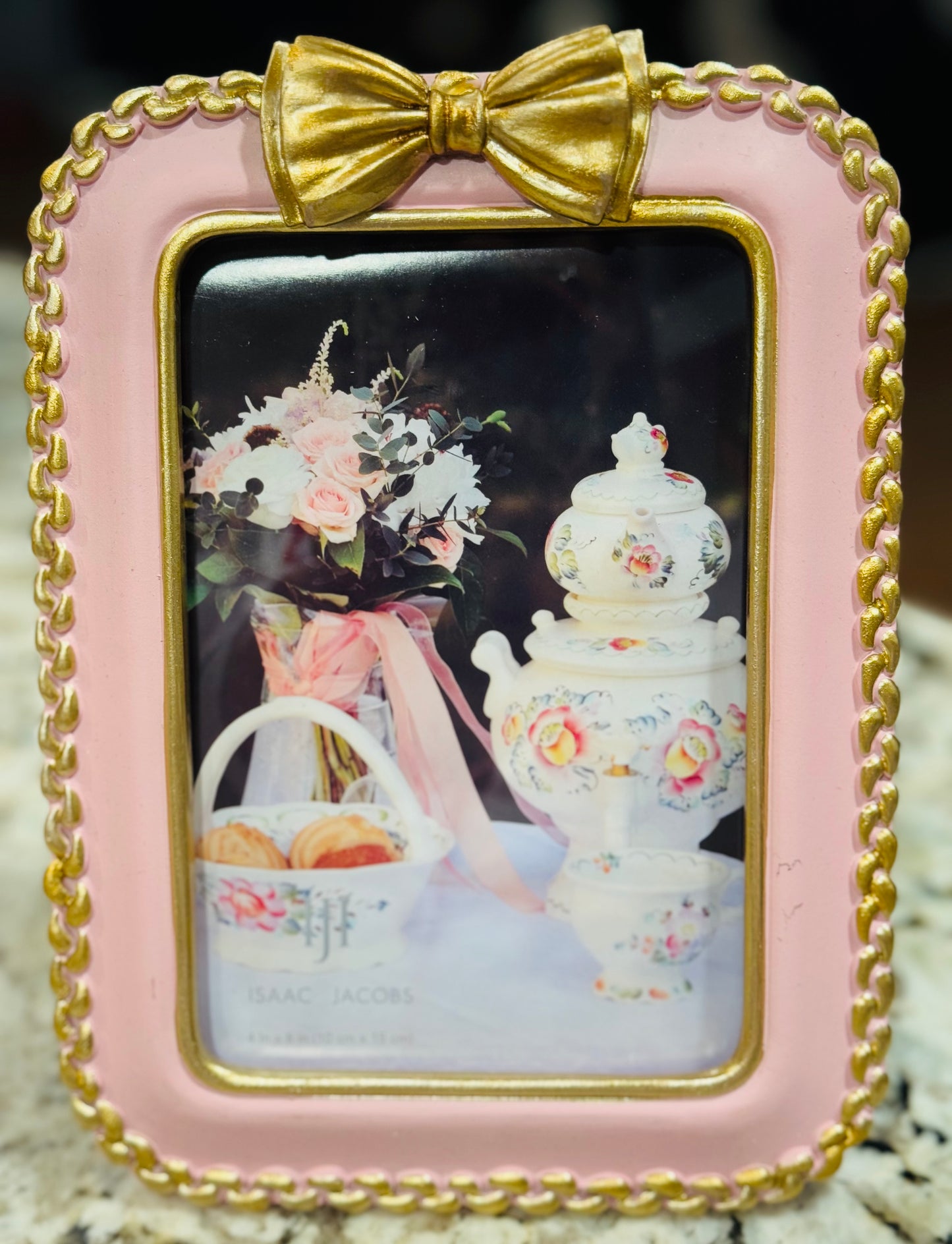 New pink & gold bow trimmed metal photo from picture size 4x6