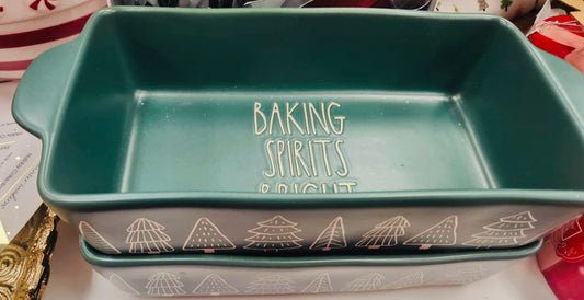 New Rae Dunn green ceramic Christmas baking dish BAKING SPIRITS BRIGHT