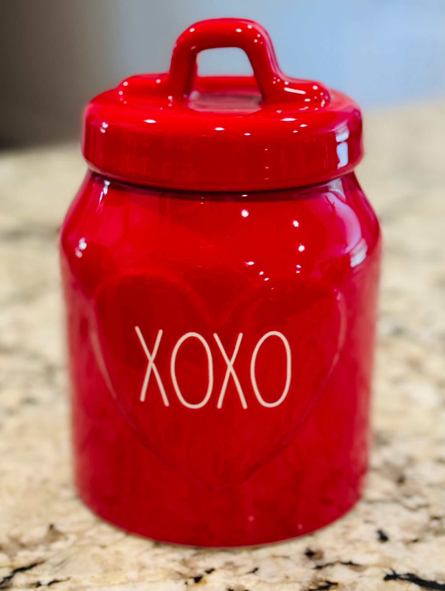 New Rae Dunn red ceramic raised heart canister XOXO