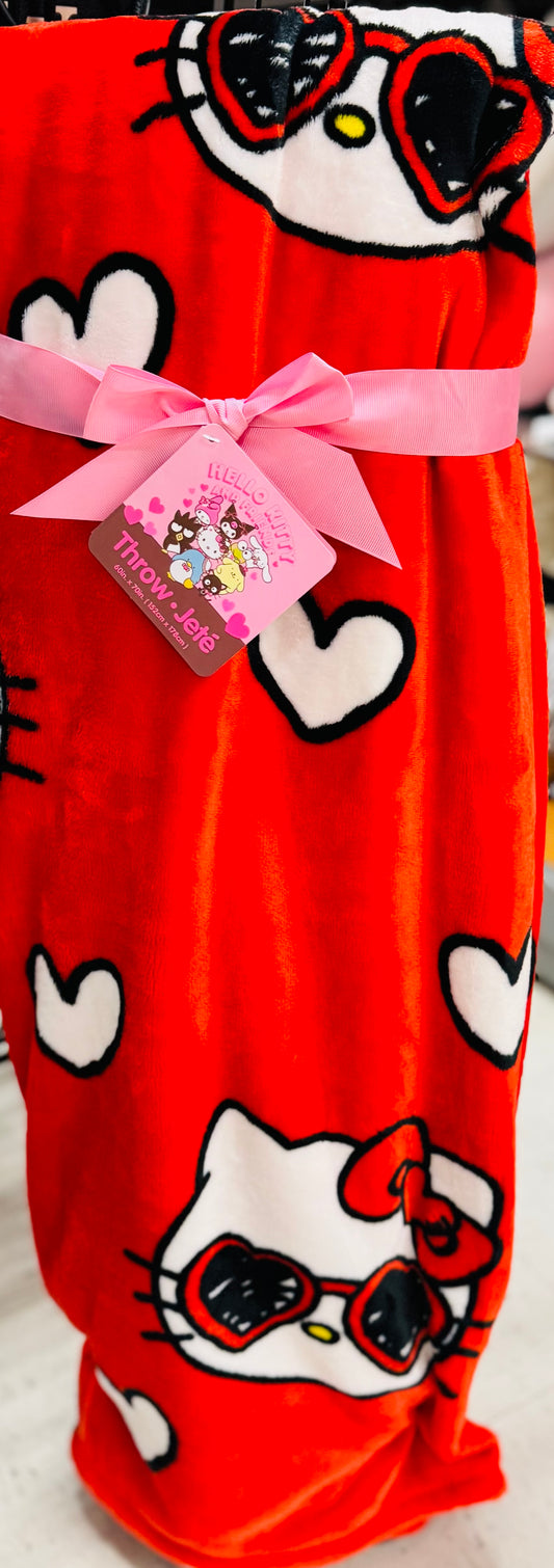 New Hello Kitty red heart glasses Valentines throw blanket 50x70