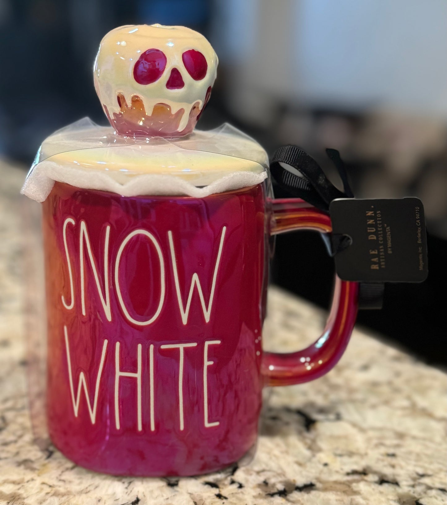 New Rae Dunn red iridescent ceramic SNOW WHITE poison apple topped coffee mug