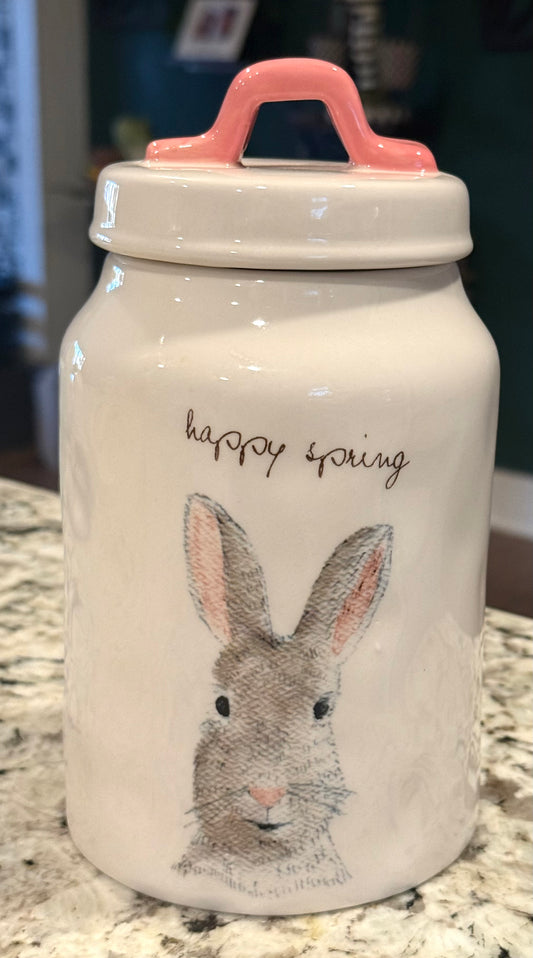 New Rae Dunn white ceramic Easter bunny canister 8” HAPPY SPRING