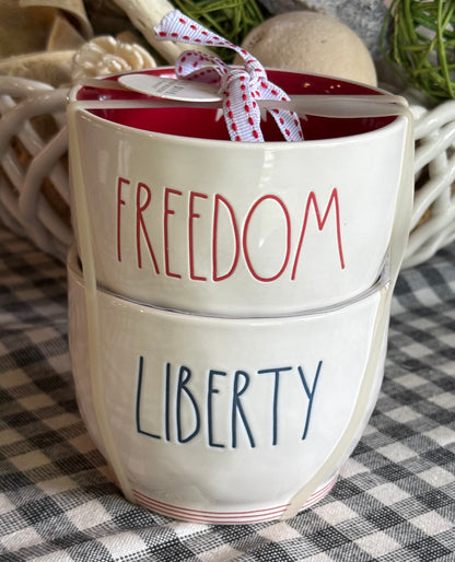 New Rae Dunn white ceramic patriotic usa bowl set LIBERTY & FREEDOM