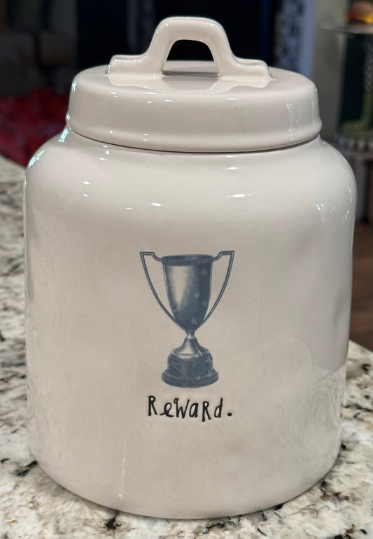 Rae Dunn white ceramic 8” REWARD storage canister