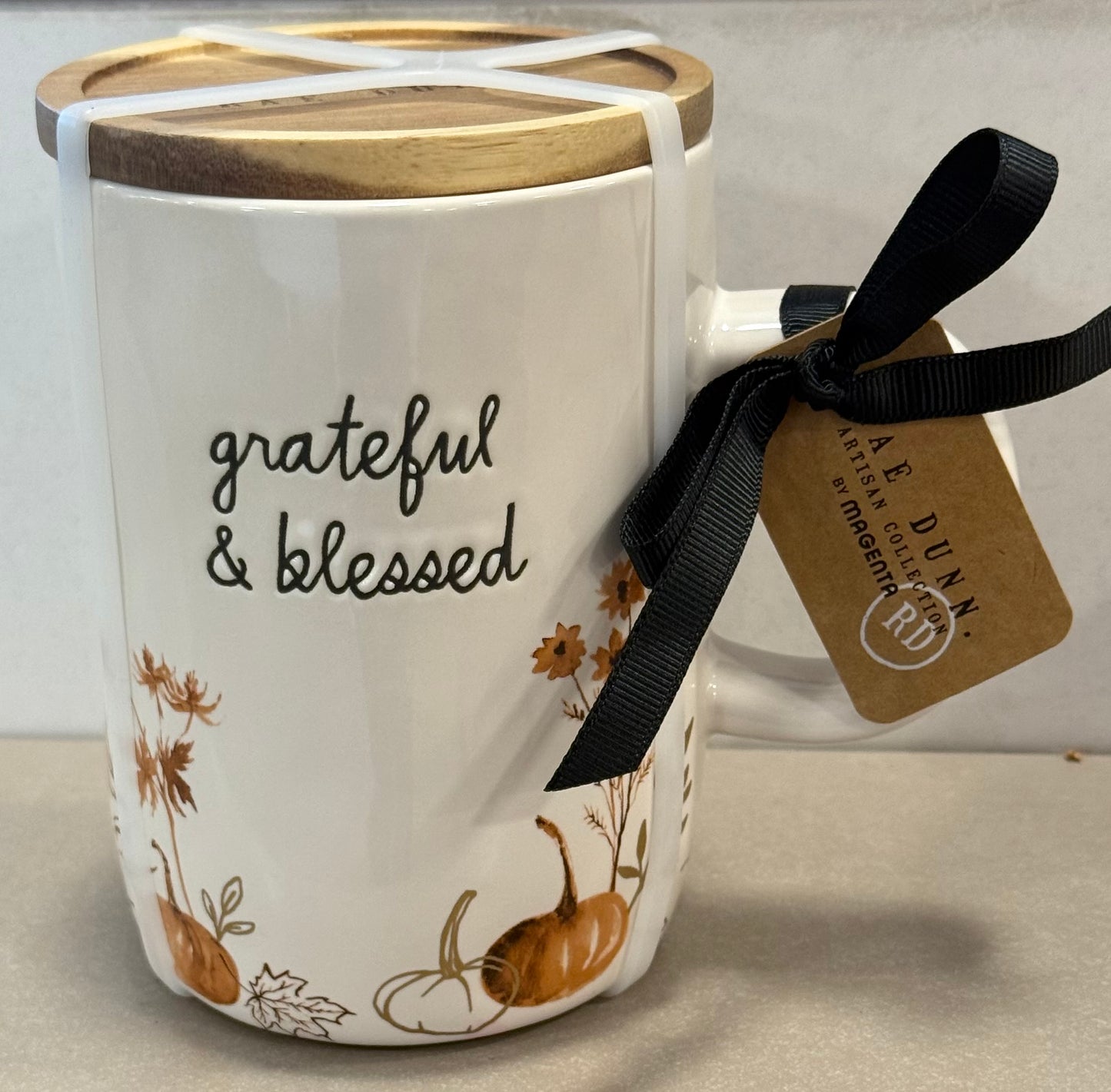 New Rae Dunn fall floral ceramic coffee mug with coaster top GRATEFUL AND BLESSED