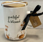 New Rae Dunn fall floral ceramic coffee mug with coaster top GRATEFUL AND BLESSED