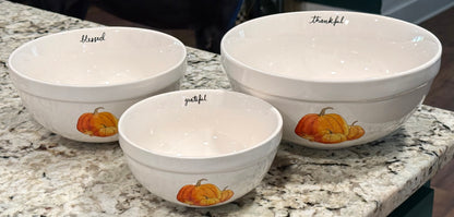 New Rae Dunn ceramic 3-piece Happy Harvest Thanksgiving pumpkin bowl set. THANKFUL, BLESSED, GRATEFUL
