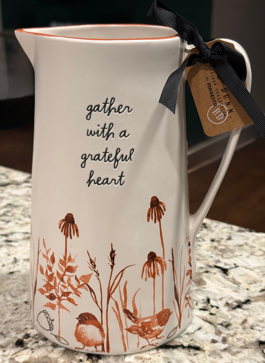 New Rae Dunn ceramic fall floral pitcher GATHER WITH A GRATEFUL HEART
