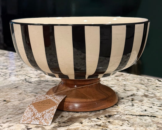 New large ceramic Made in India pedestal striped fruit bowl wood base 10x6