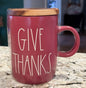 New Rae Dunn fall burgundy ceramic coaster top coffee mug GIVE THANKS