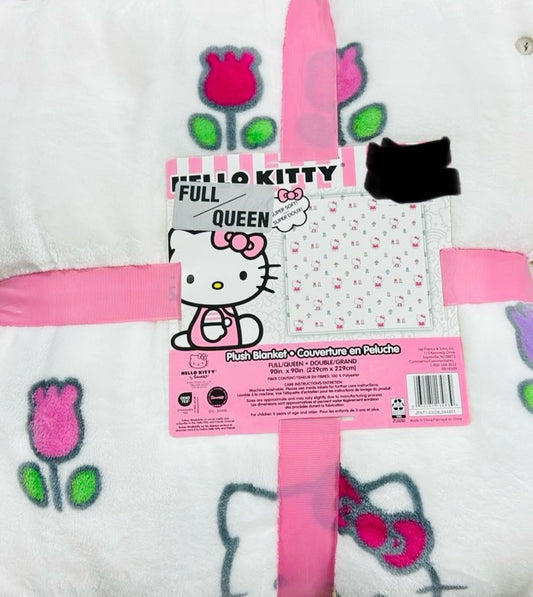 New Hello Kitty Full/Queen white tulip 🌷 print blanket bedding 90x90