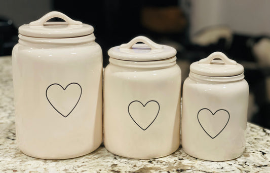 Hard to Find complete set Rae Dunn ceramic heart engraved canister set flat lid tops