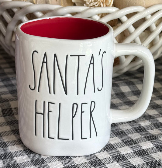 New Rae Dunn white ceramic Christmas mug red interior, SANTA’S HELPER