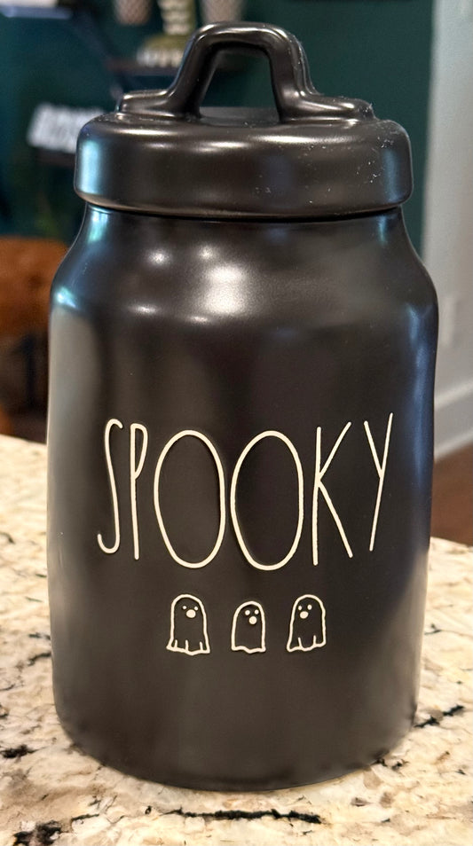 New Rae Dunn black ceramic canister Halloween decor SPOOKY with ghost 8”