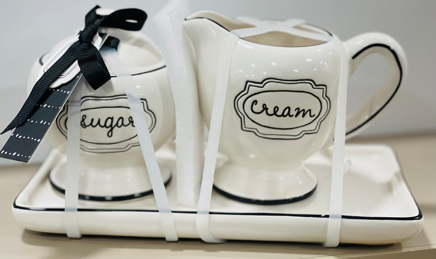 New release! Rae Dunn script ceramic CREAM & SUGAR set with holding tray black and white