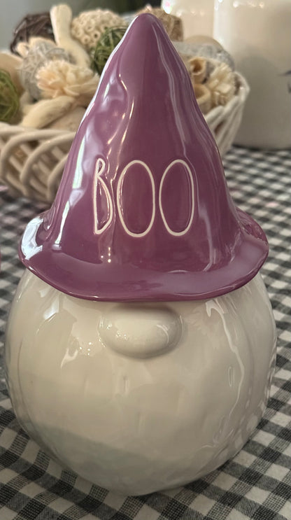 New Rae Dunn white/purple ceramic Halloween decor 8” gnome cookie jar BOO