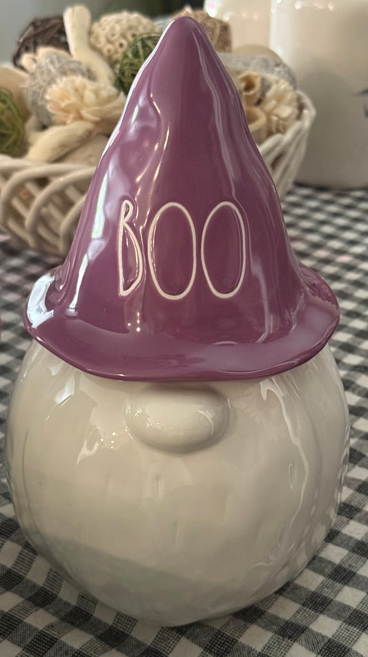 New Rae Dunn white/purple ceramic Halloween decor 8” gnome cookie jar BOO