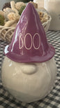 New Rae Dunn white/purple ceramic Halloween decor 8” gnome cookie jar BOO