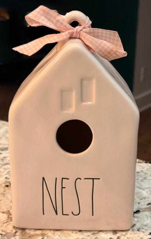 New Rae Dunn pink ceramic house birdhouse 8” NEST