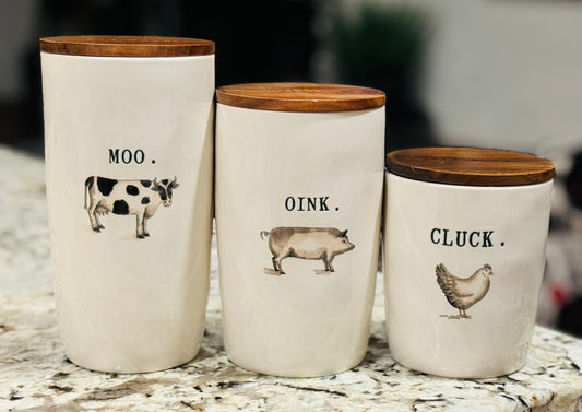 New Release! Rae Dunn 3-piece farm line cellar set MOO. OINK. CLUCK.