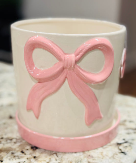 New hand painted pink & white bow planter 7x7