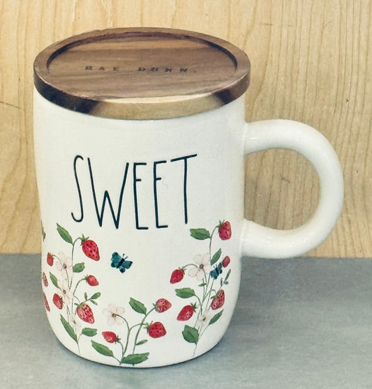 New Rae Dunn white ceramic wood coaster topped summer coffee mug SWEET 🍓