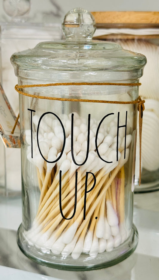 New Rae Dunn glass storage jar filled with TOUCH UP