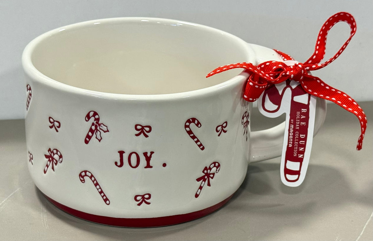 New Rae Dunn white candy cane ceramic Christmas decor soup mug JOY double sided